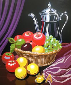 Fruit Basket with Silver Teapot Needlepoint Canvas – Elegant Still Life Design