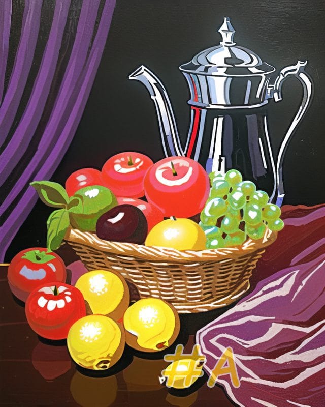 Fruit Basket with Silver Teapot Needlepoint Canvas – Elegant Still Life Design