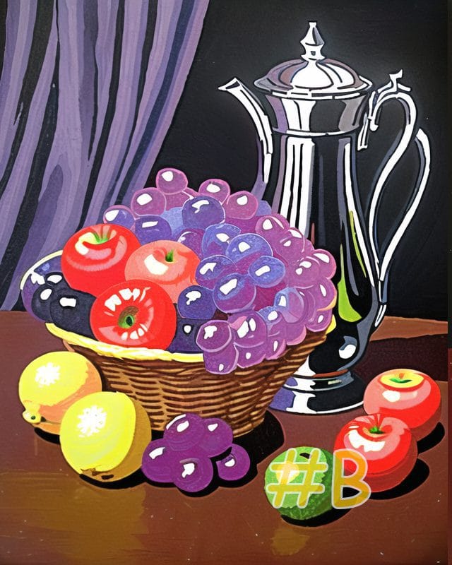 Fruit Basket with Silver Teapot Needlepoint Canvas – Elegant Still Life Design