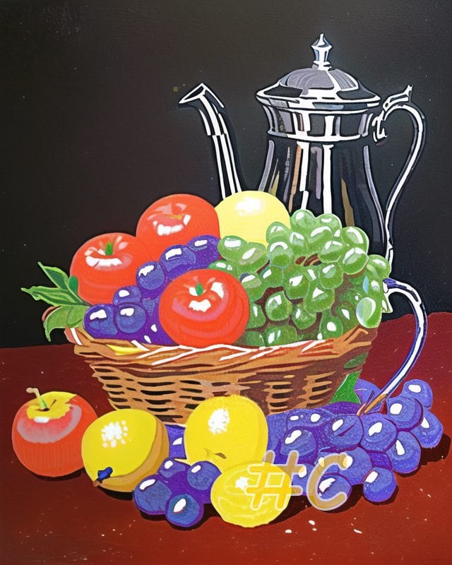 Fruit Basket with Silver Teapot Needlepoint Canvas – Elegant Still Life Design