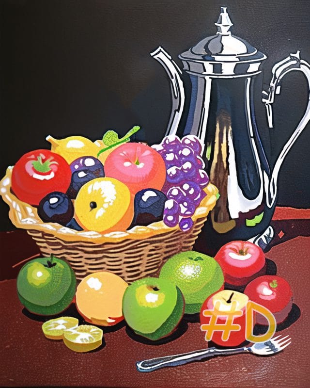 Fruit Basket with Silver Teapot Needlepoint Canvas – Elegant Still Life Design
