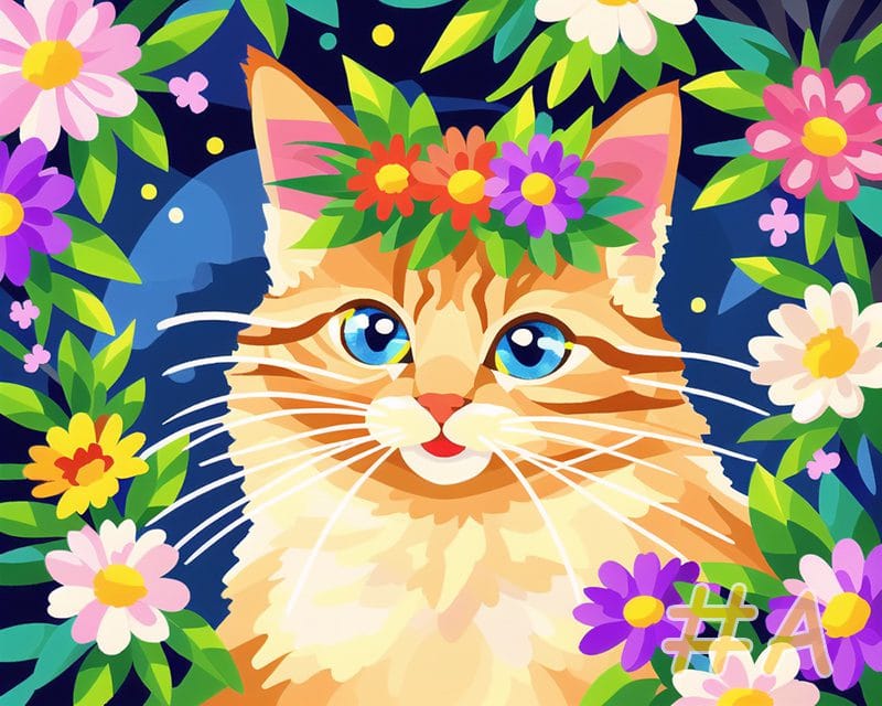 Cat with Floral Crown Needlepoint Canvas