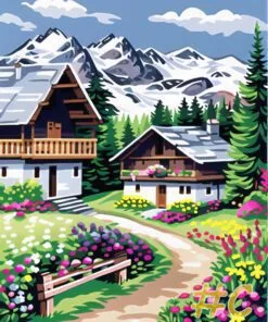 Rustic Mountain Village Needlepoint Canvas