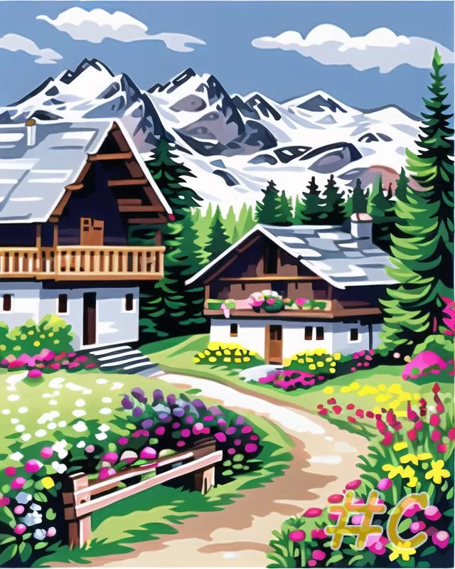 Rustic Mountain Village Needlepoint Canvas