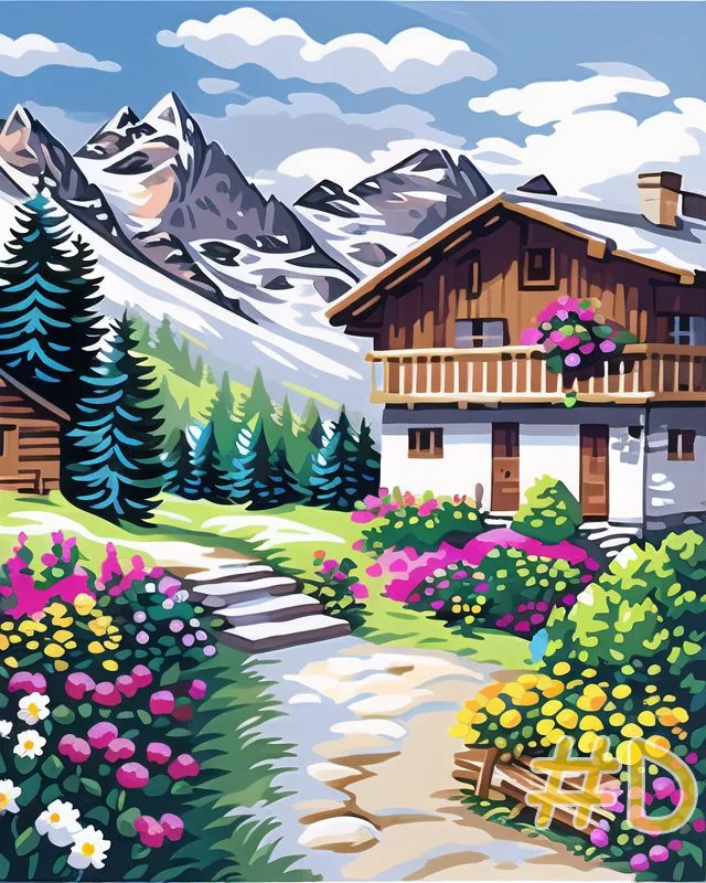 Rustic Mountain Village Needlepoint Canvas