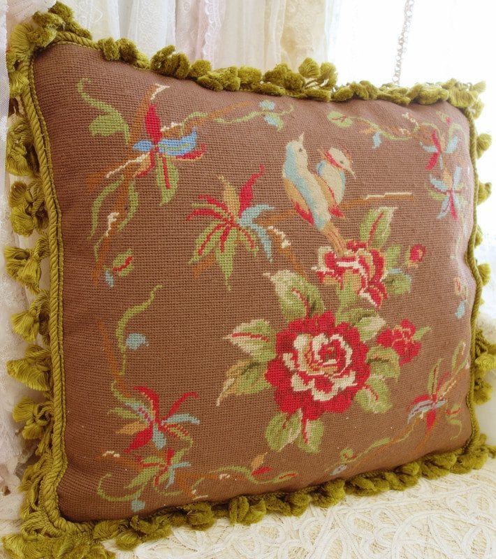 Save Save Beautiful Floral Needlepoint Pillow with Birds