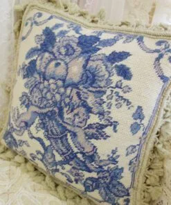 Blue Floral Needlepoint Pillow Vintage