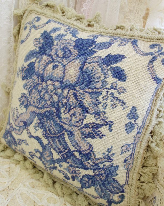 Blue Floral Needlepoint Pillow Vintage