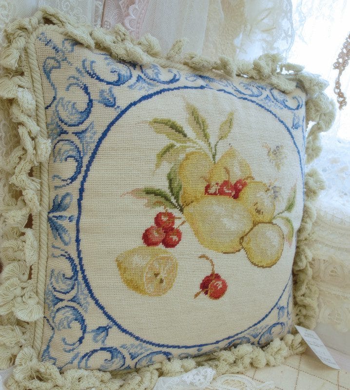 Lemon and Cherries Needlepoint Pillow