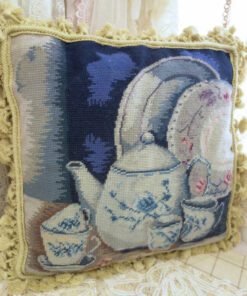 Teapot and Dishes Needlepoint Pillow