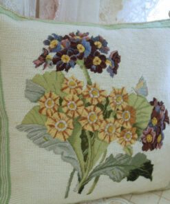 Hand Made Floral Needlepoint Pillow featuring Yellow and Maroon Flowers in a Soft Green Leafy Flourish