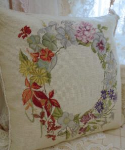 Floral Wreath Needlepoint Pillow in Soft Vintage Tones