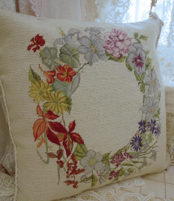 Floral Wreath Needlepoint Pillow in Soft Vintage Tones
