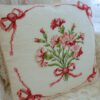 Romantic Pink Carnation Needlepoint Pillow with Decorative Bows