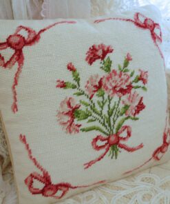 Romantic Pink Carnation Needlepoint Pillow with Decorative Bows