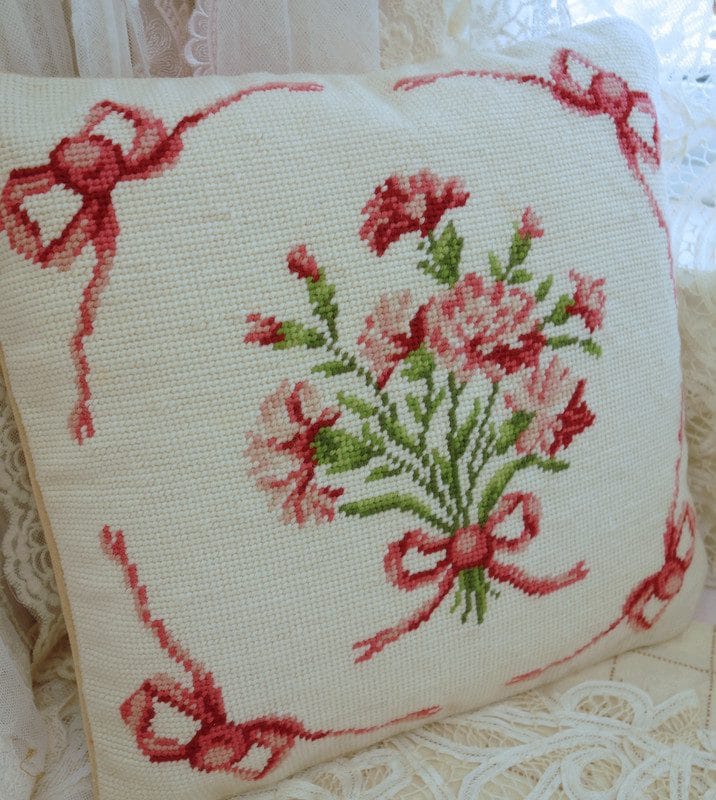 Romantic Pink Carnation Needlepoint Pillow with Decorative Bows