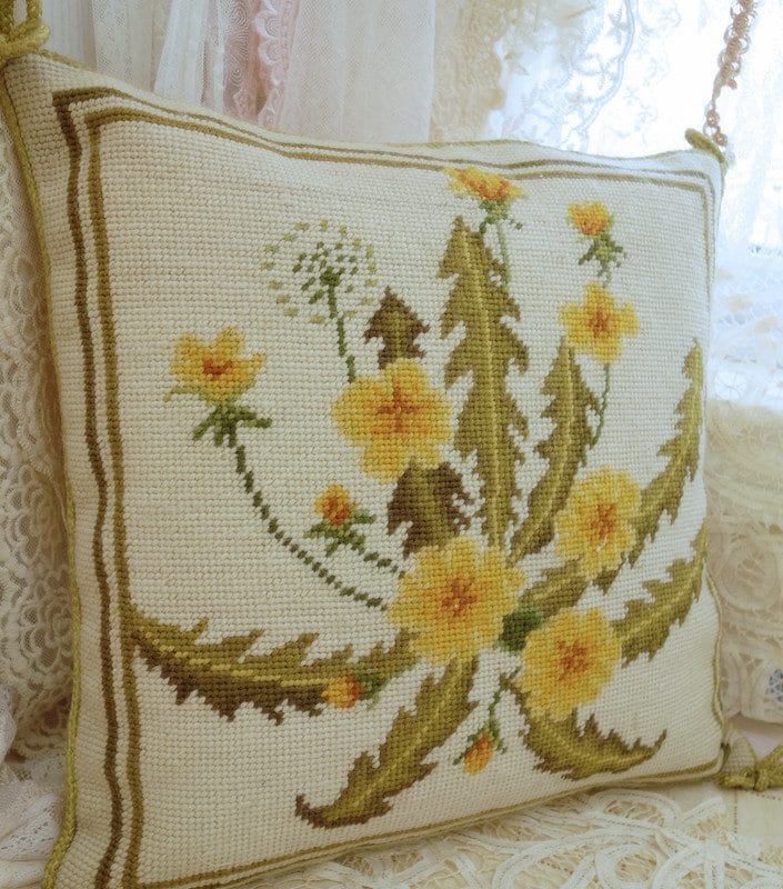 Elegant Yellow Dandelion Needlepoint Pillow with Neutral Background