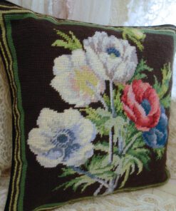 Bold Floral Needlepoint Pillow with Red, White, and Blue Bouquet