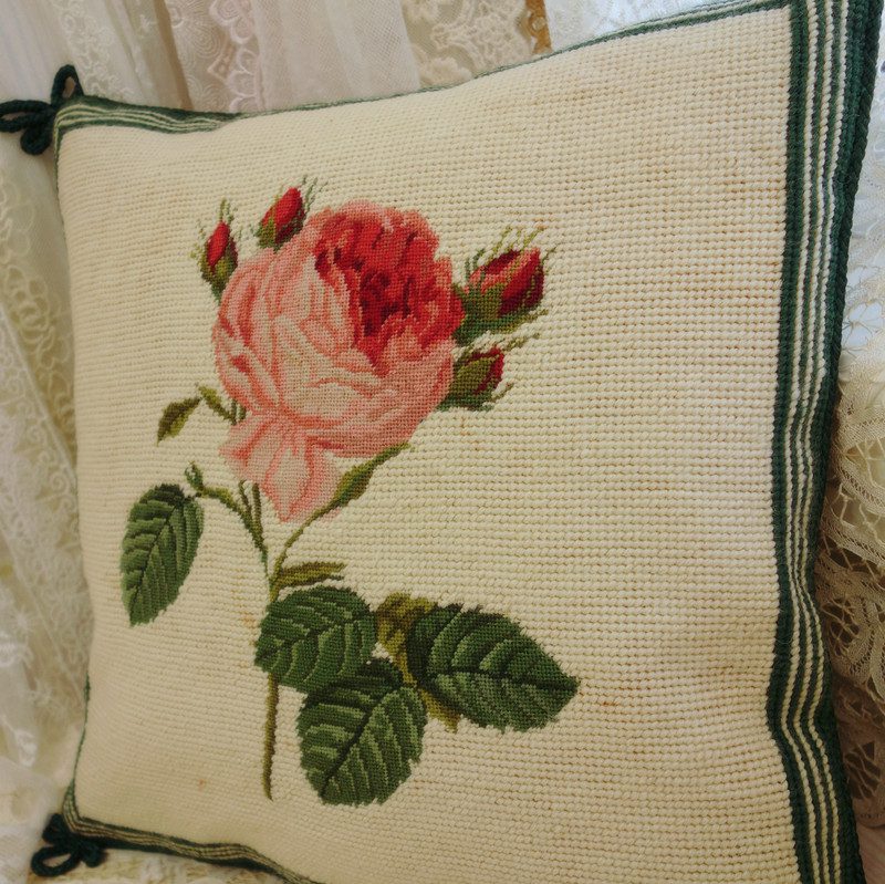 Pink Rose Needlepoint Pillow