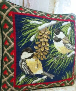 Bird on Pine Cone Needlepoint Pillow