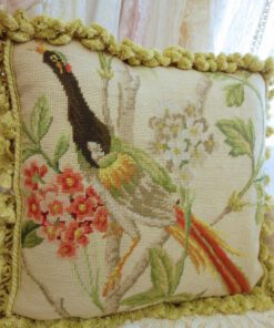 Vintage Peacock Needlepoint Pillow Flowers Embroidery