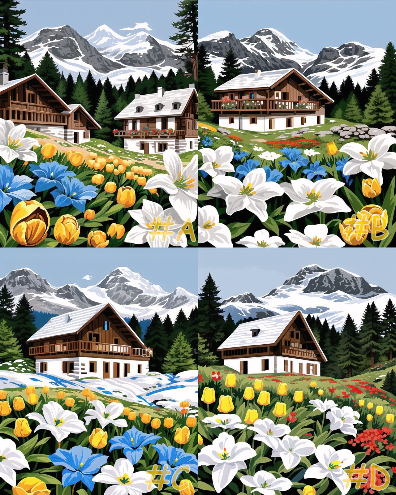 Mountain Chalet with Wildflowers Needlepoint Canvas