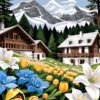 Mountain Chalet with Wildflowers Needlepoint Canvas