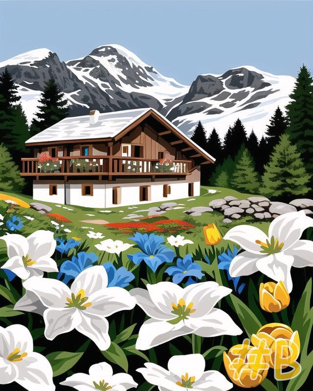 Mountain Chalet with Wildflowers Needlepoint Canvas