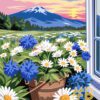 Daisies and Cornflowers in Window Frame Needlepoint Canvas