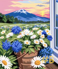 Daisies and Cornflowers in Window Frame Needlepoint Canvas