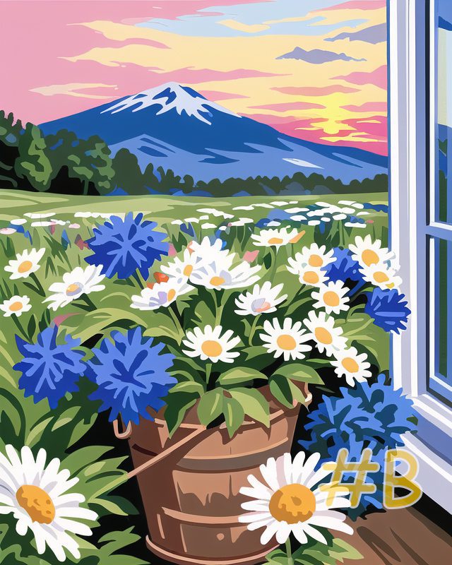 Daisies and Cornflowers in Window Frame Needlepoint Canvas