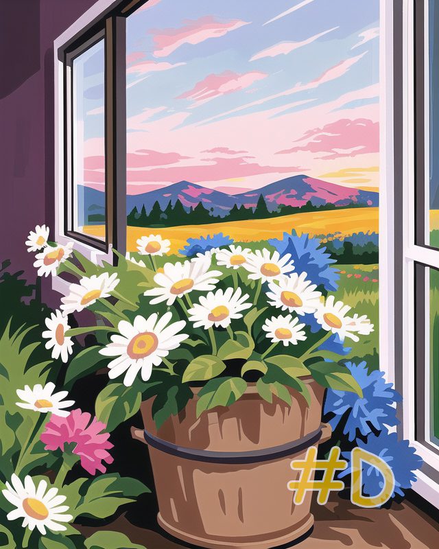 Daisies and Cornflowers in Window Frame Needlepoint Canvas