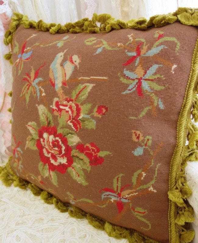 Save Save Beautiful Floral Needlepoint Pillow with Birds