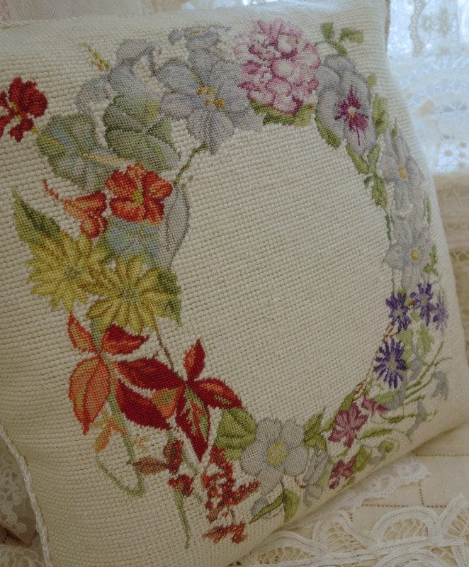 Floral Wreath Needlepoint Pillow in Soft Vintage Tones