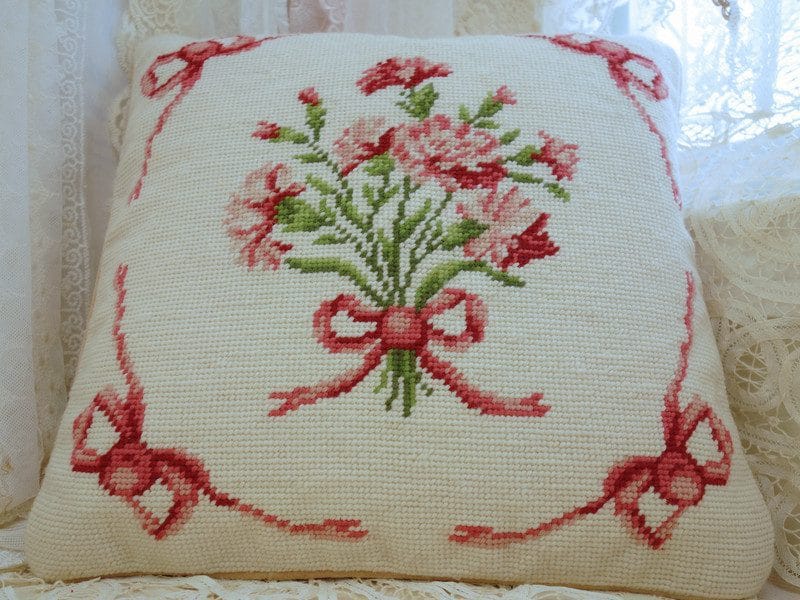 Romantic Pink Carnation Needlepoint Pillow with Decorative Bows