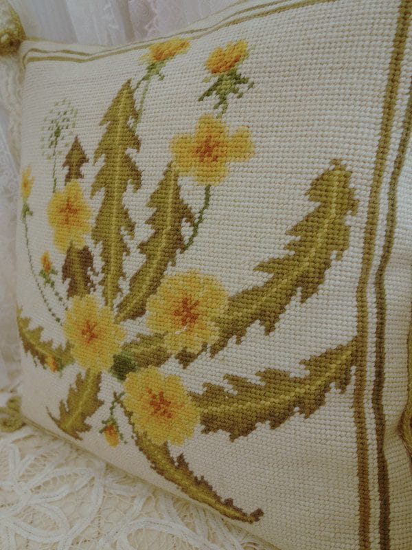 Elegant Yellow Dandelion Needlepoint Pillow with Neutral Background
