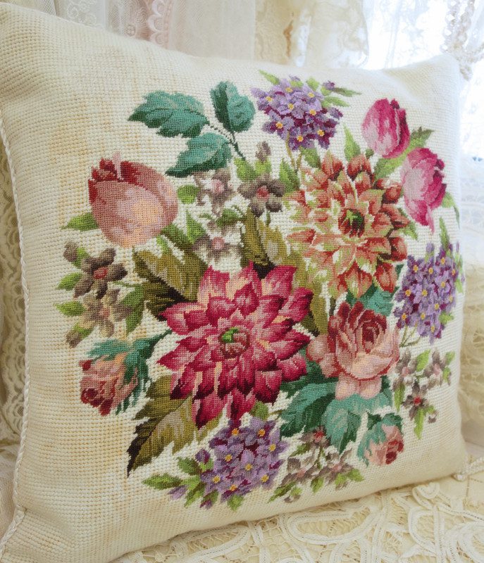 Vibrant Floral Arrangement Needlepoint Pillow