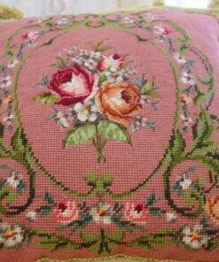 Pink Needlepoint Pillow, Floral Bouquet Scrolls