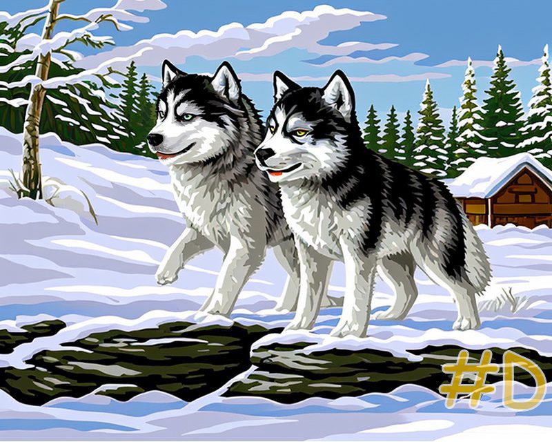 Husky Dogs in Snow Needlepoint Canvas