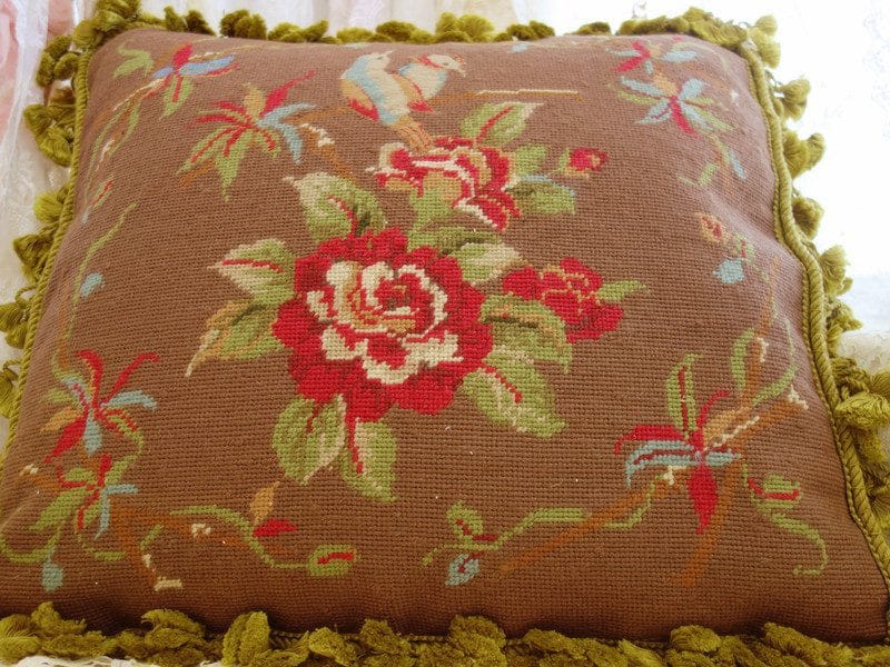 Save Save Beautiful Floral Needlepoint Pillow with Birds