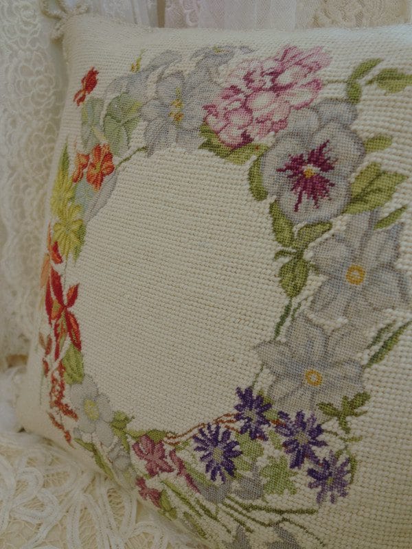 Floral Wreath Needlepoint Pillow in Soft Vintage Tones