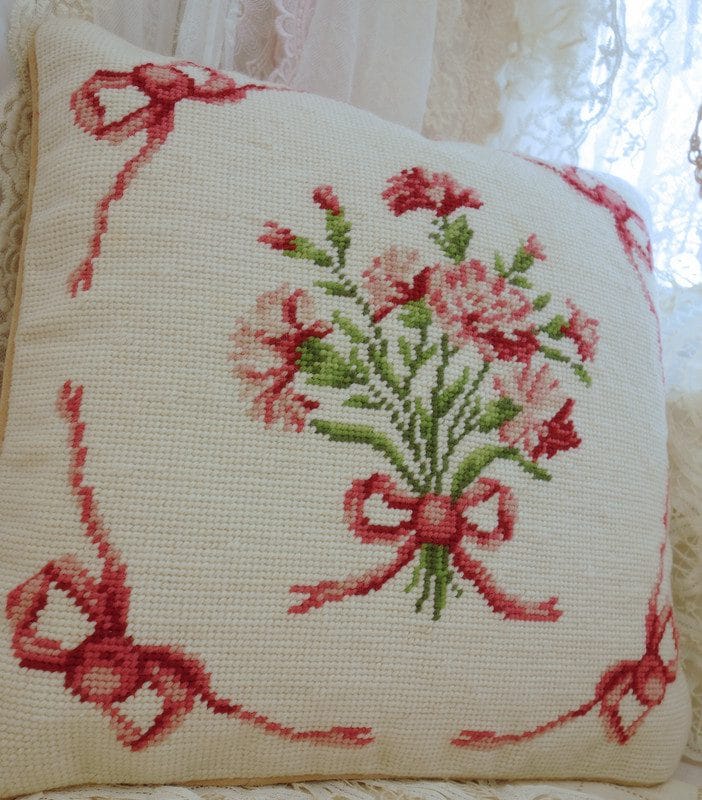 Romantic Pink Carnation Needlepoint Pillow with Decorative Bows