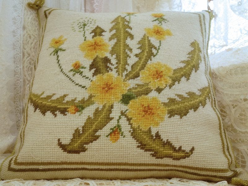 Elegant Yellow Dandelion Needlepoint Pillow with Neutral Background