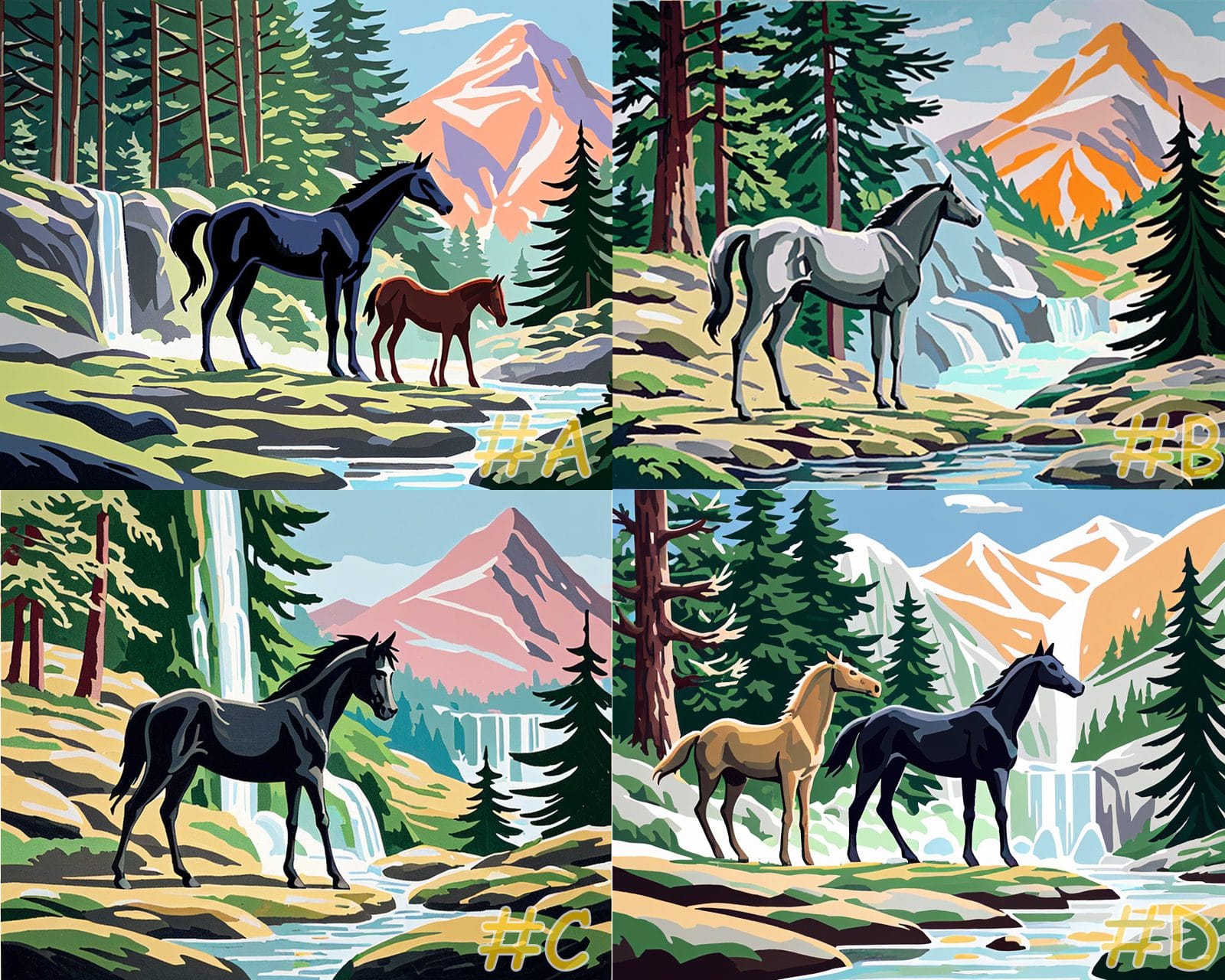 Horses by Waterfall