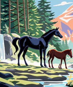 Horses by Waterfall