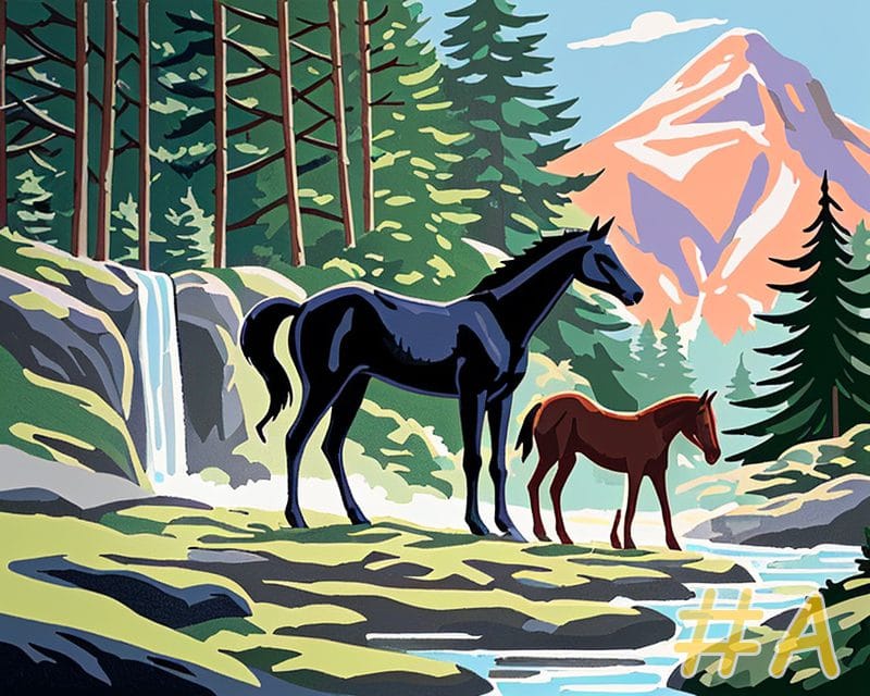 Horses by Waterfall