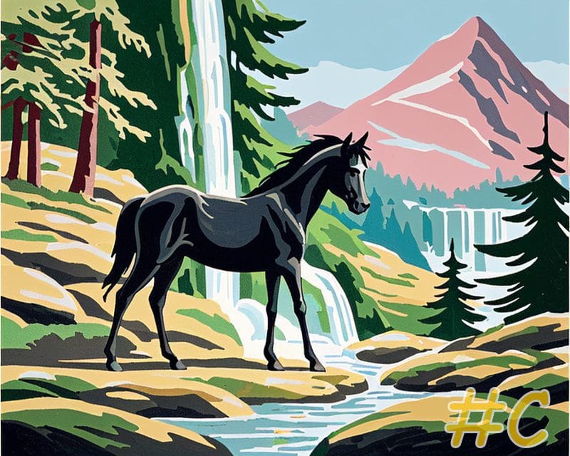 Horses by Waterfall