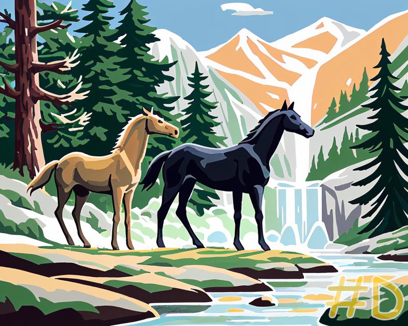 Horses by Waterfall