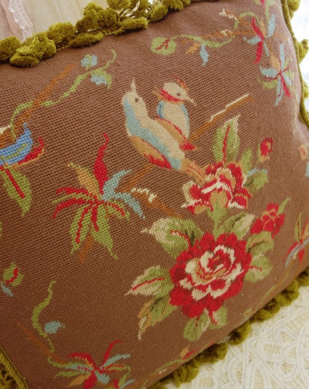 Save Save Beautiful Floral Needlepoint Pillow with Birds