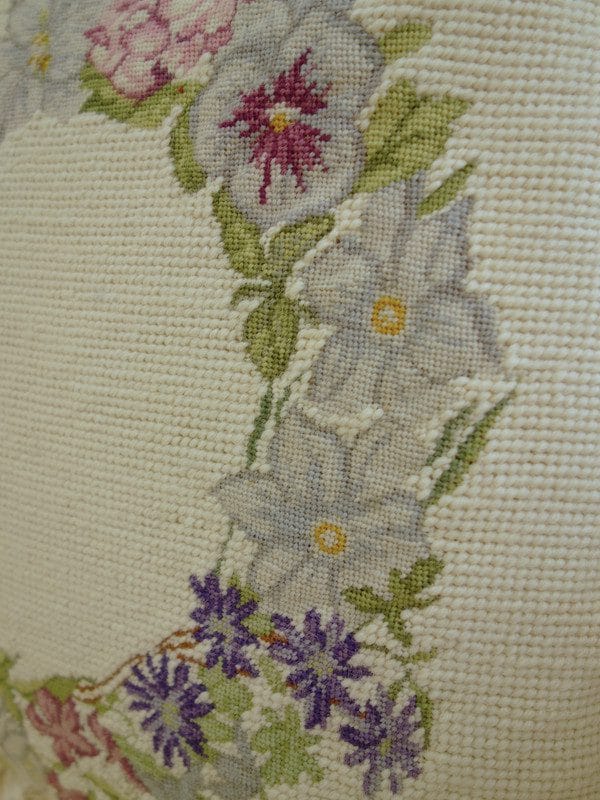 Floral Wreath Needlepoint Pillow in Soft Vintage Tones